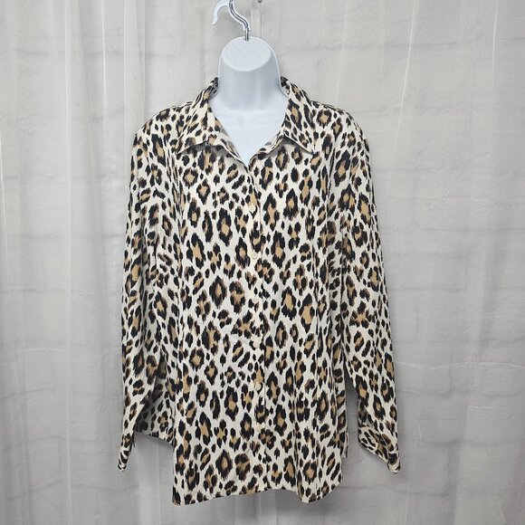 Chico's Cream Brown Leopard Button Down Blouse Tribal Office 4 (1X) - Picture 1 of 11